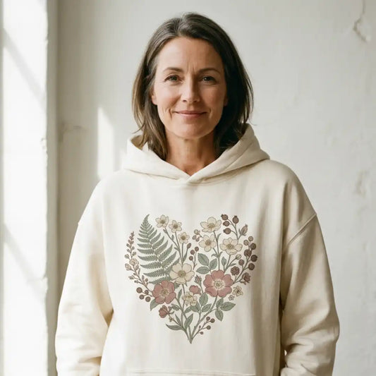 Bügelbild Blumenherz – Botanisches Herz aus Wildblumen & Farn