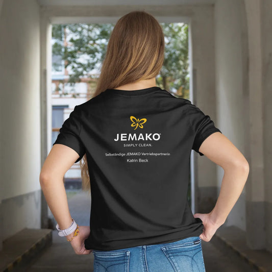 JEMAKO® Vertriebspartner - Bügelbild weißer Text, gelbes Logo