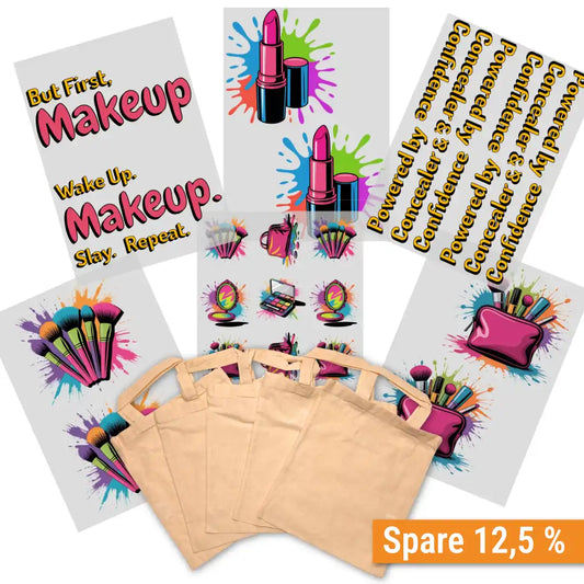 Geburtstagsparty-Set Makeup & Sprüche mit Taschen - 6 x DIN A4 + 5 Baumwolltaschen
