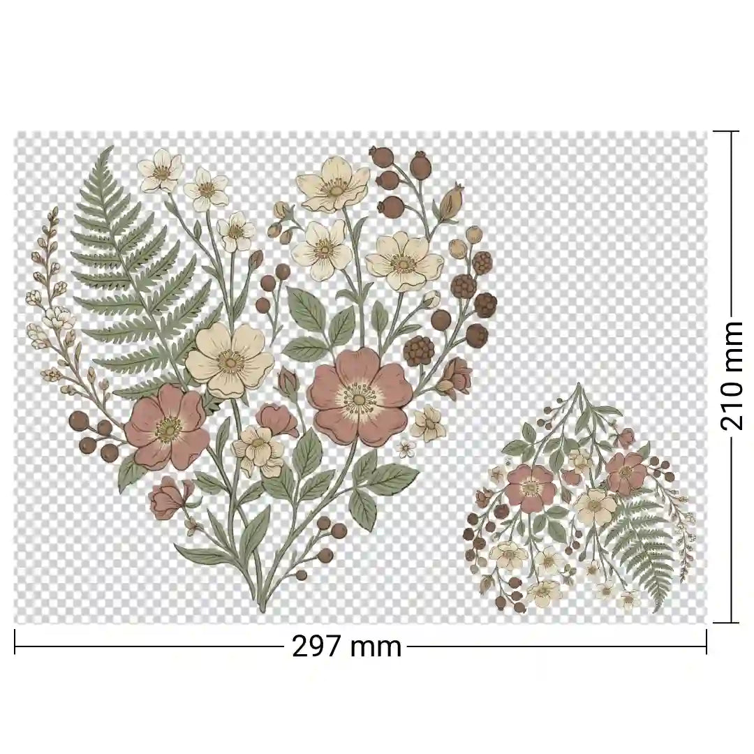 Bügelbild Blumenherz – Botanisches Herz aus Wildblumen & Farn