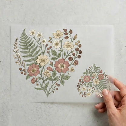 Bügelbild Blumenherz – Botanisches Herz aus Wildblumen & Farn