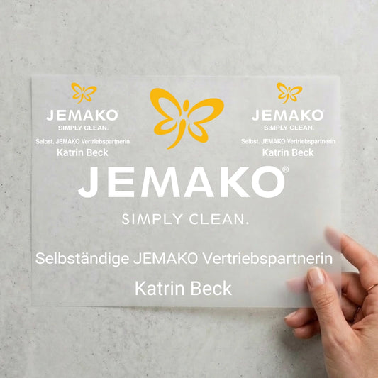 JEMAKO® Vertriebspartner - Bügelbild weißer Text, gelbes Logo